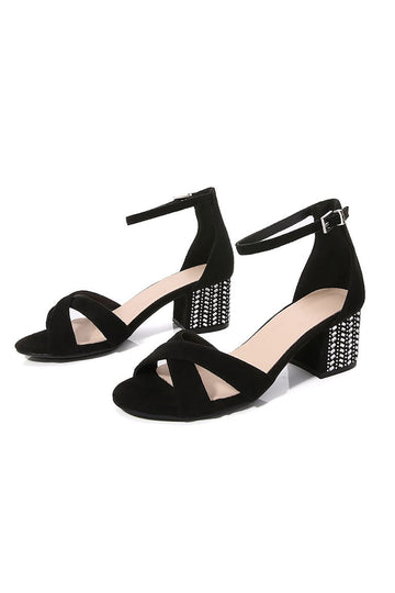 Svart Kors Ankel Strappy Chunky Heel Sandal